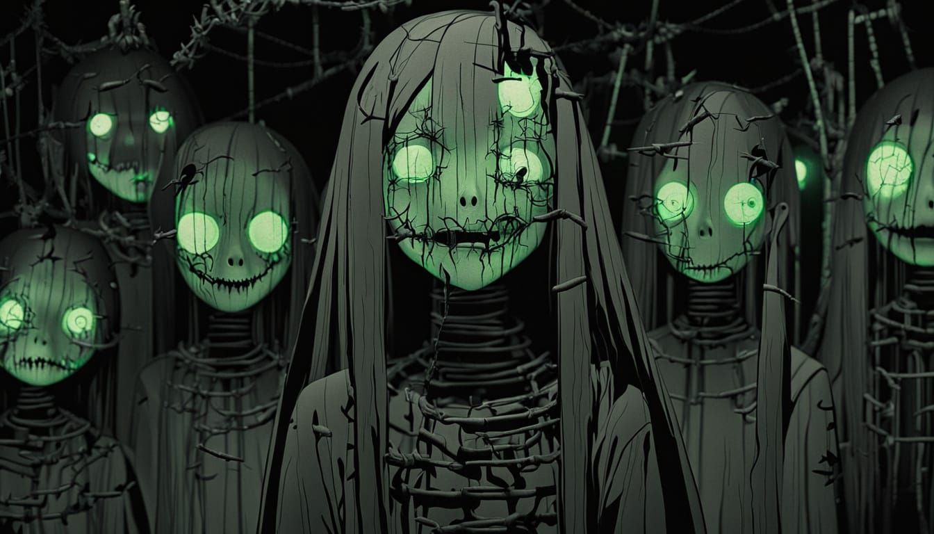 Junji Ito Style Surreal Face with Barbed Wire