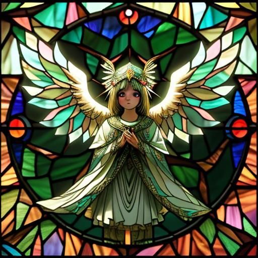 Stained Glass Seraphim in Forest, Cinematic Scene