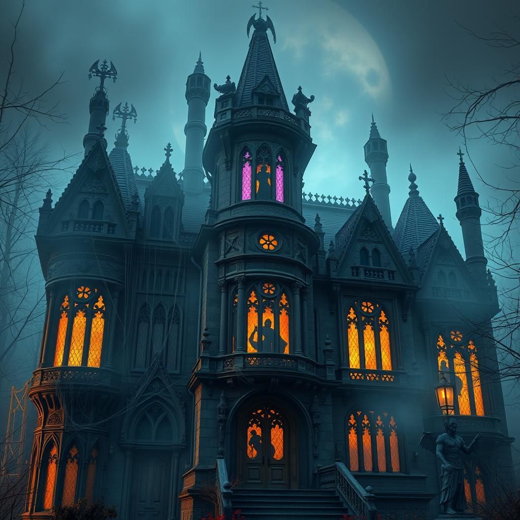 Eerie Gothic Mansion Shrouded in Mist