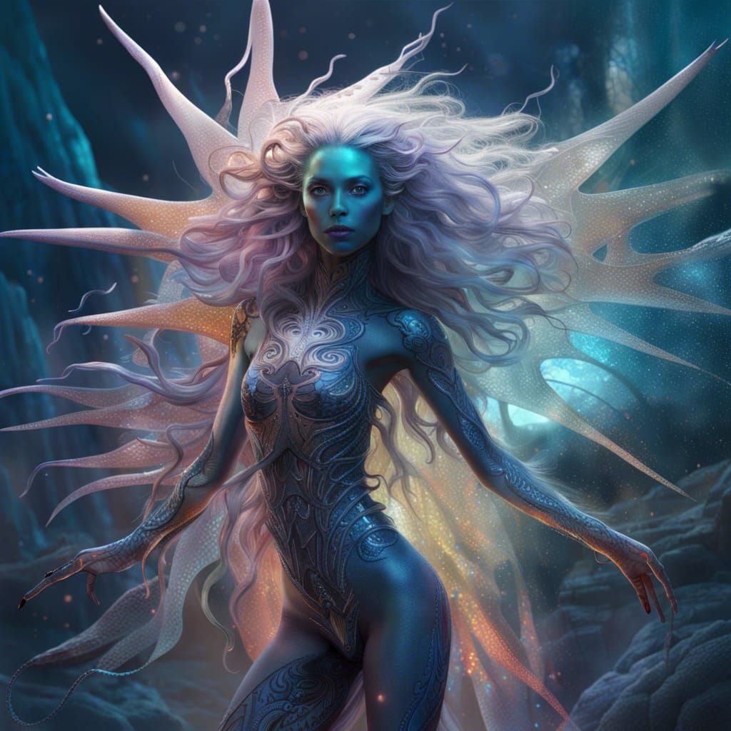 Opalescent Alien Woman with Starfish Hair in Digital Art