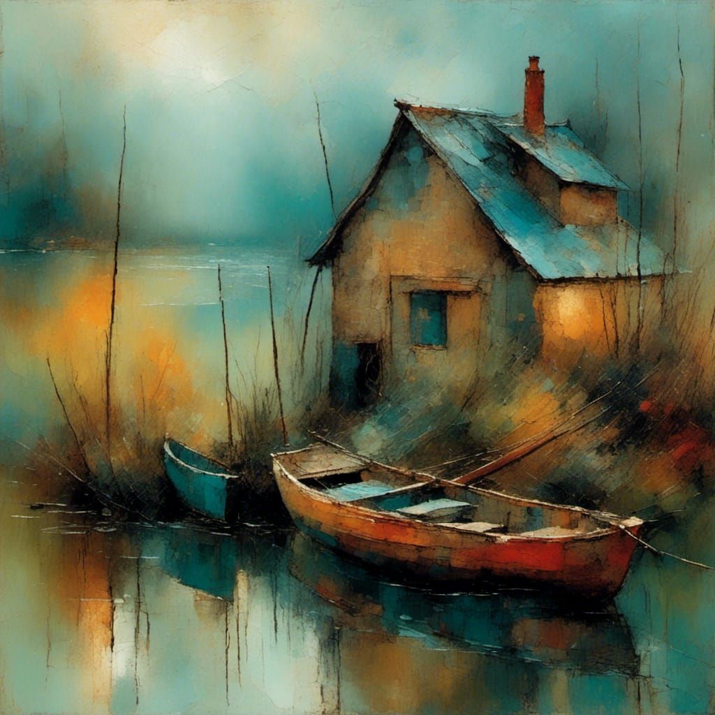 Surreal Cubist Dawn Scene with Fishing Shack