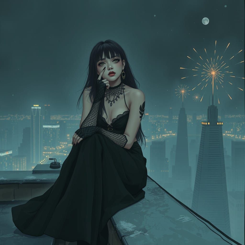 Moody Emo Girl on Rooftop at New Year's Eve