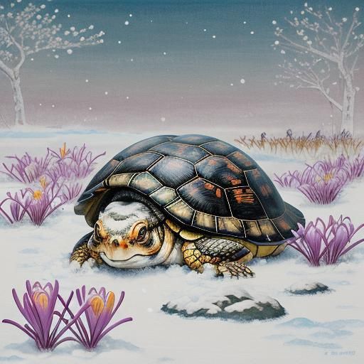 Box Turtle and Crocus in Nihonga Style