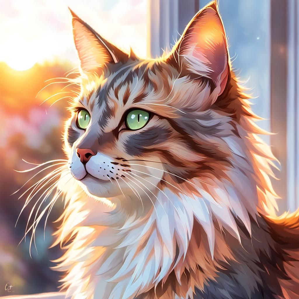 Anime Catgirl Gazing at Sunset in Kawaii Style