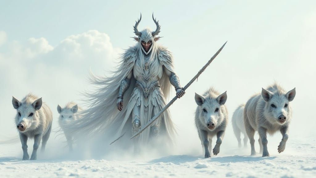 Cyberpunk Warrior Goddess Hunts with Wild Boar Pack in Futur...