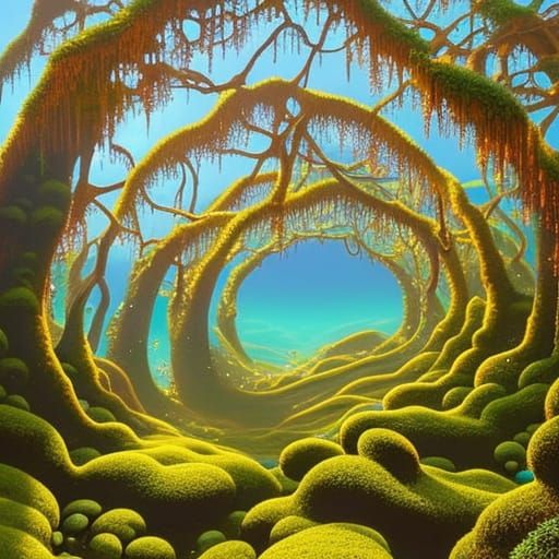 Mossy Cavern with Crystalline Walls and Blue Water