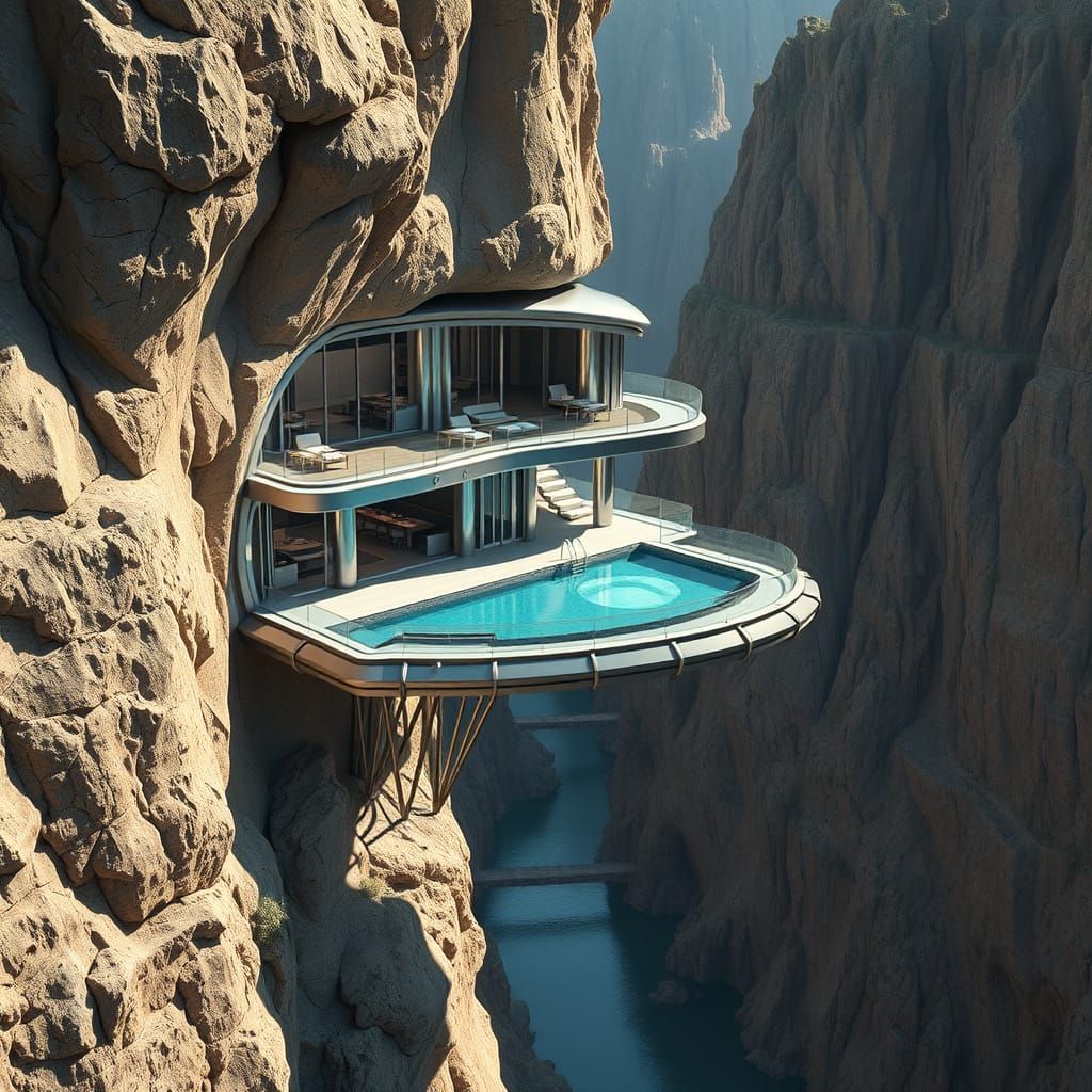 Sleek Futuristic Cliffside Residence in Cyberpunk Style