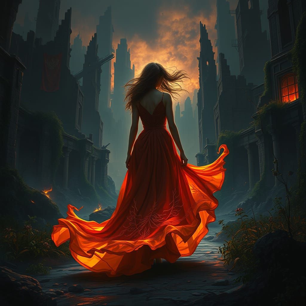 Fiery Woman in Ruined Cityscape, Fantasy Art