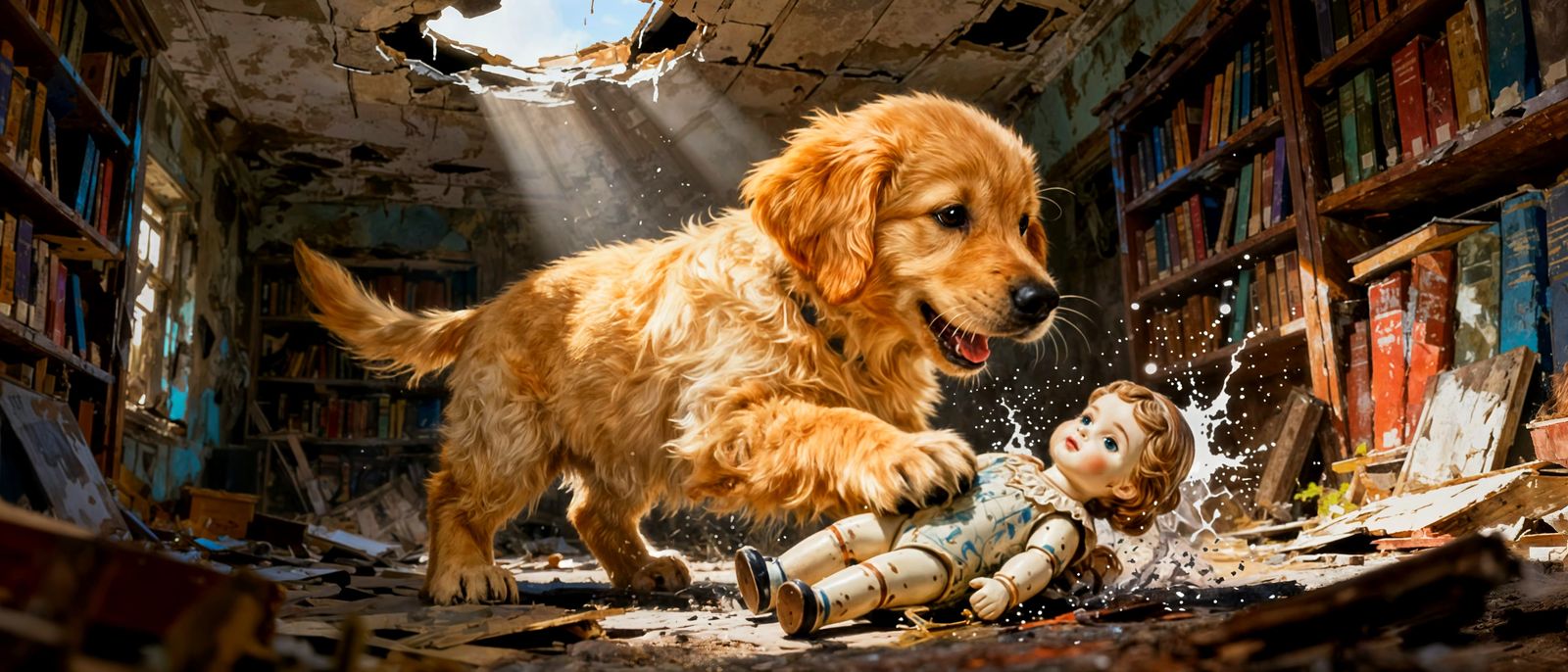 Golden Retriever Puppy Plays in Sunlit Library Ruins