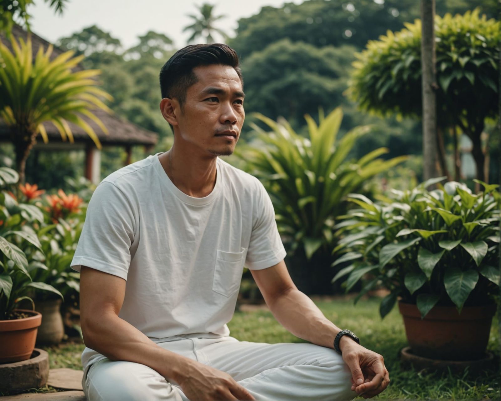 Meditating Man in Garden: Realistic Cinematic Still