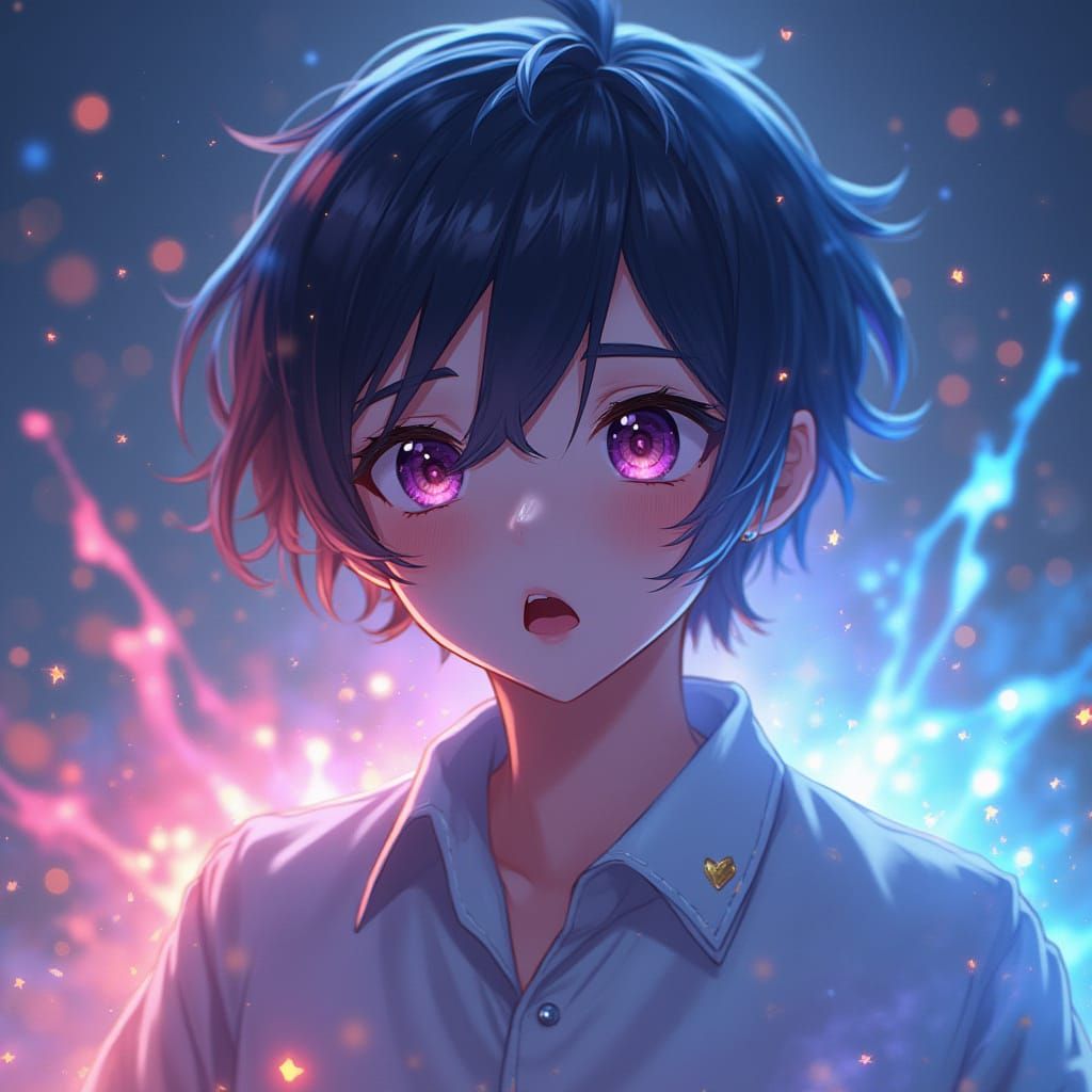 Youthful Hero Frozen in Awe by Radiant Energies in Cyberpunk...