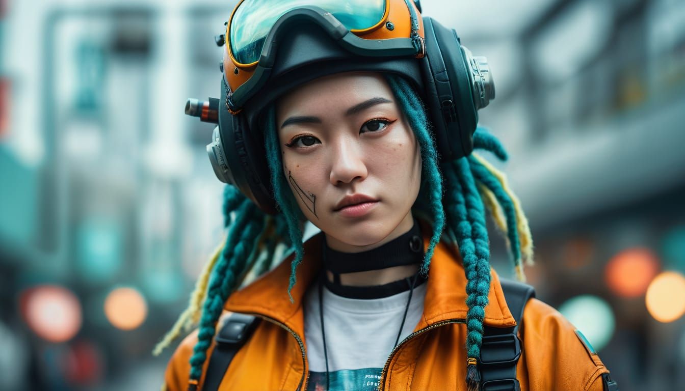 Cyberpunk Japanese Girl in Futuristic Attire