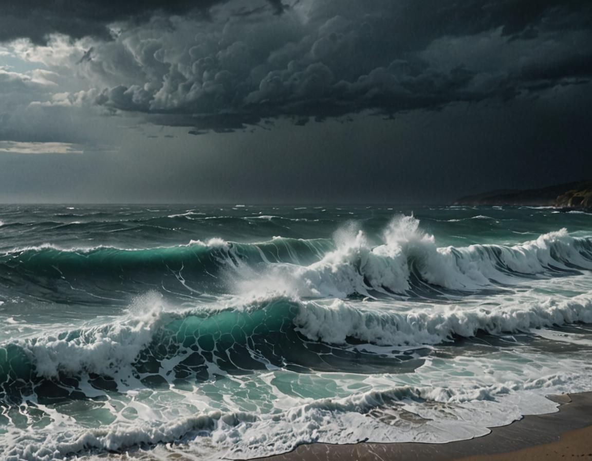 Stormy Sea Waves Crashing, Dramatic Oil Painting