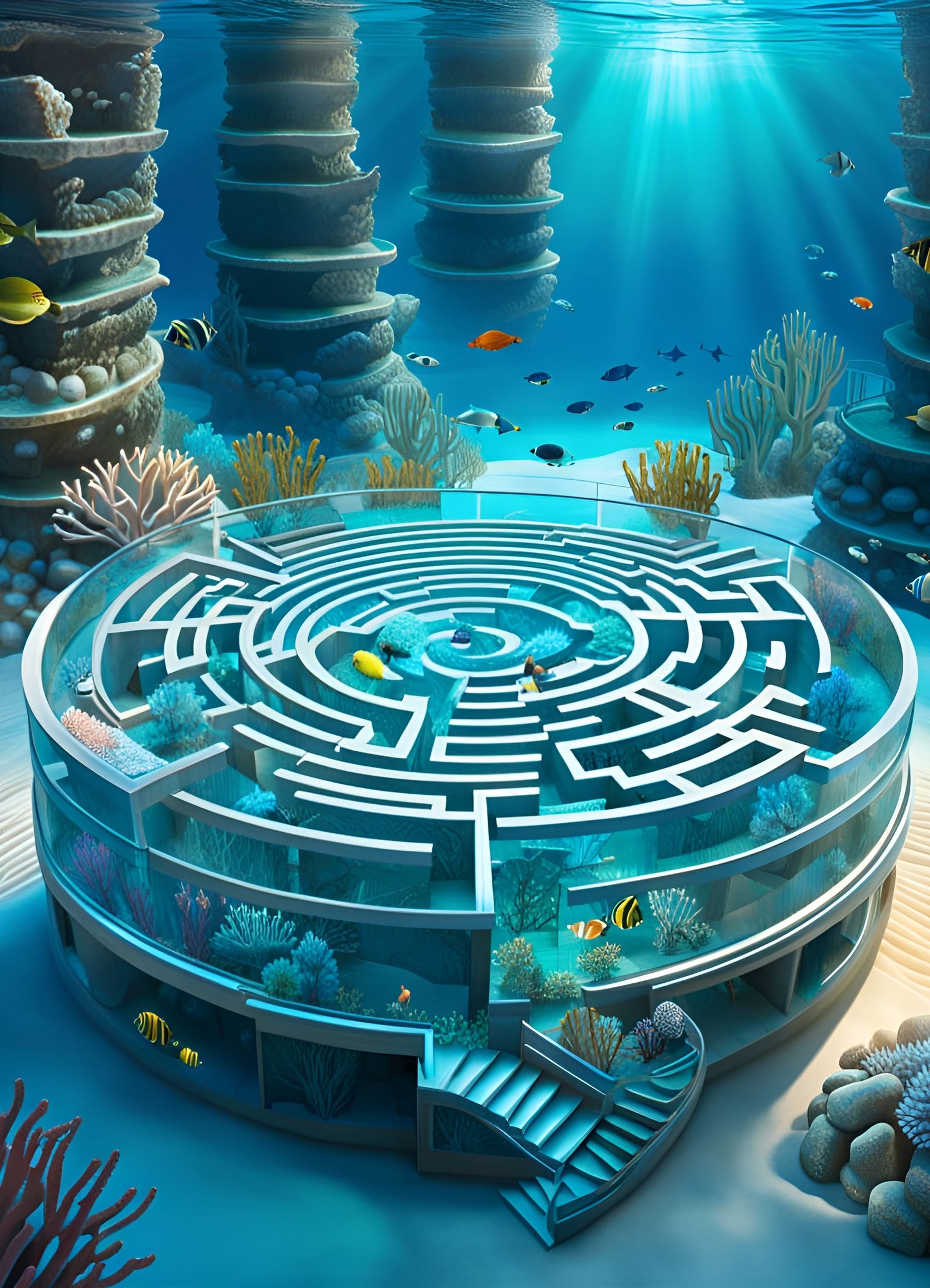 Underwater Glass Labyrinth with Scuba Divers in 3D