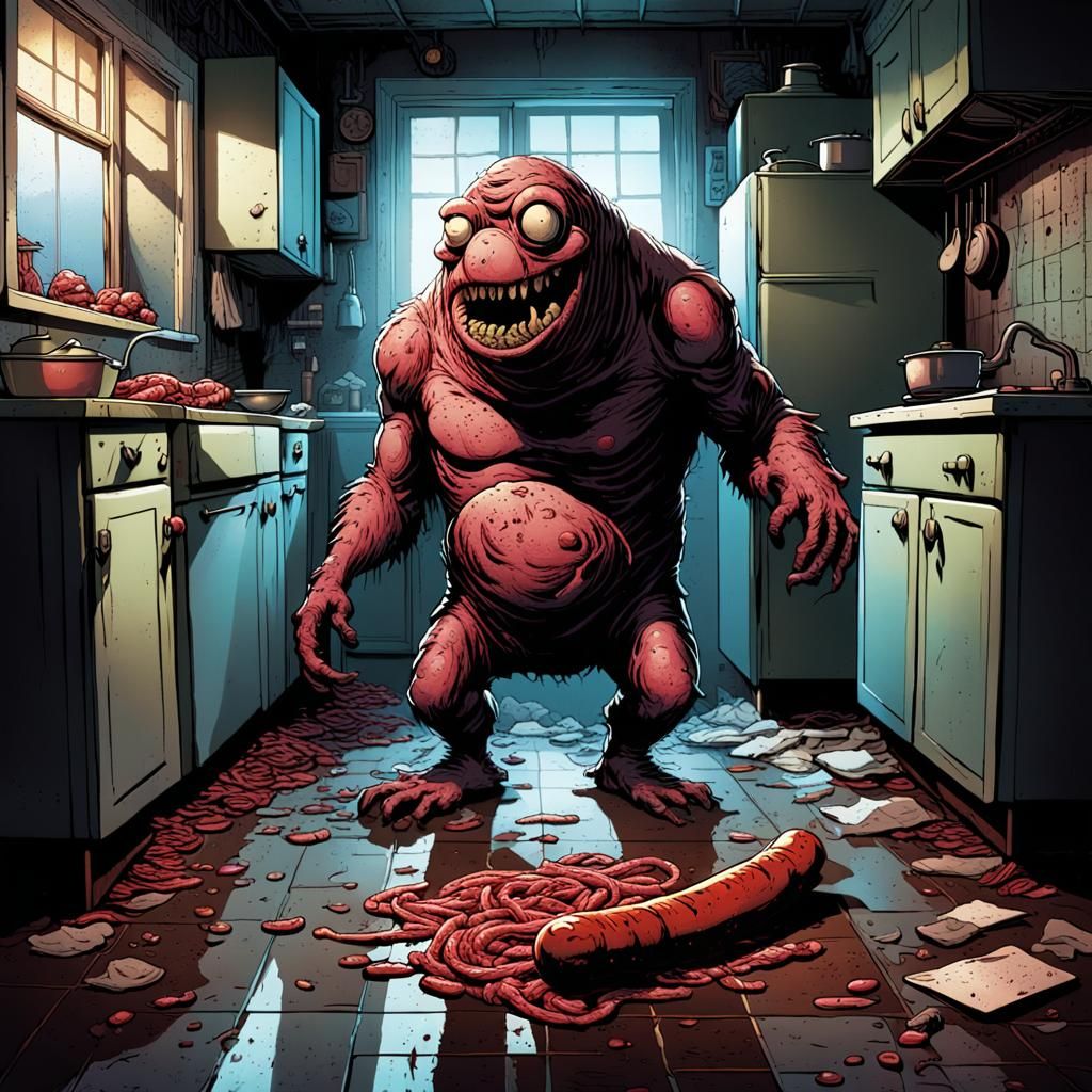Gross Sausage Monster in Kitchen, Horror Comic Art