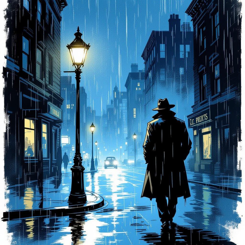 Noir Detective in Rain-Slicked City Street