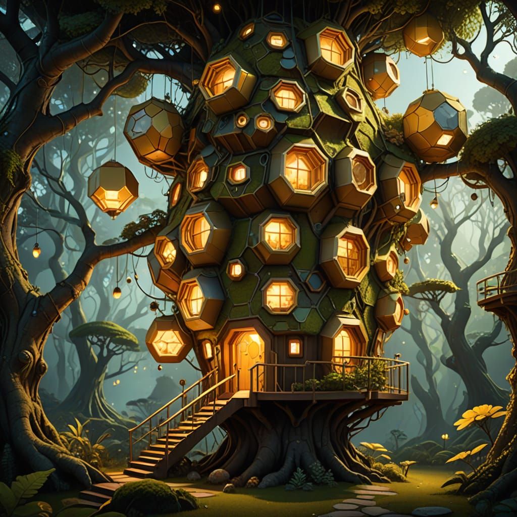 Sci-Fi Treehouse Resembles Beehive with Hexagonal Patterns