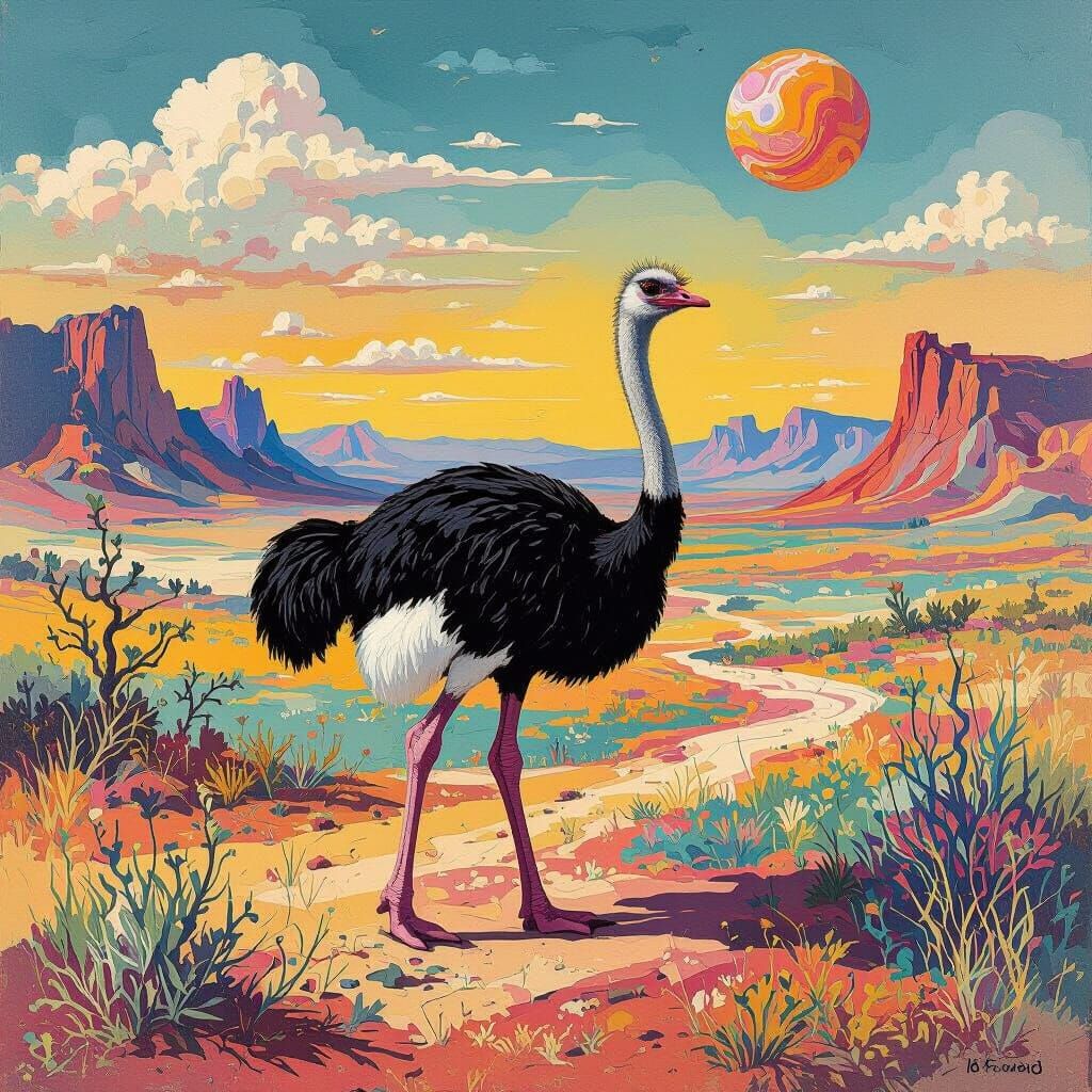 Ostrich on Alien Planet in Gouache Style