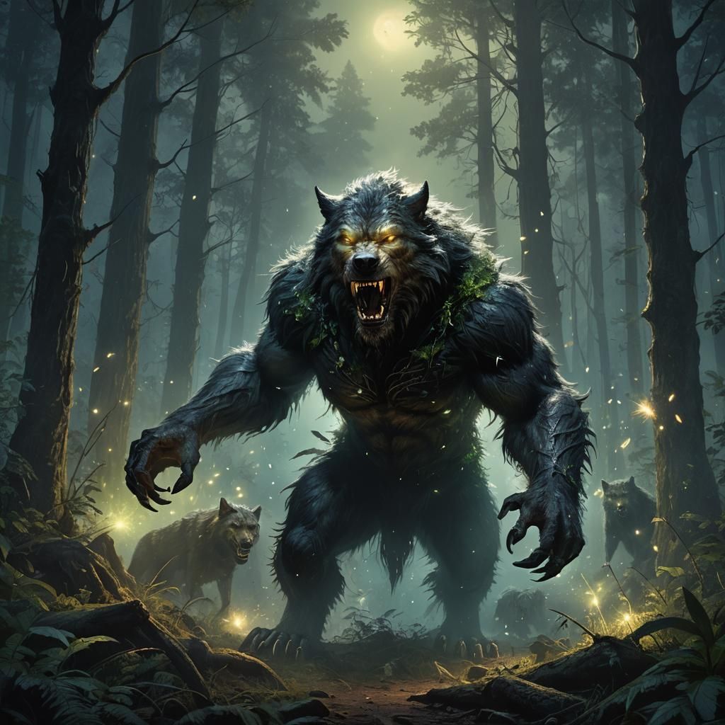Werewolf Emerges in Misty Forest, Matte Painting