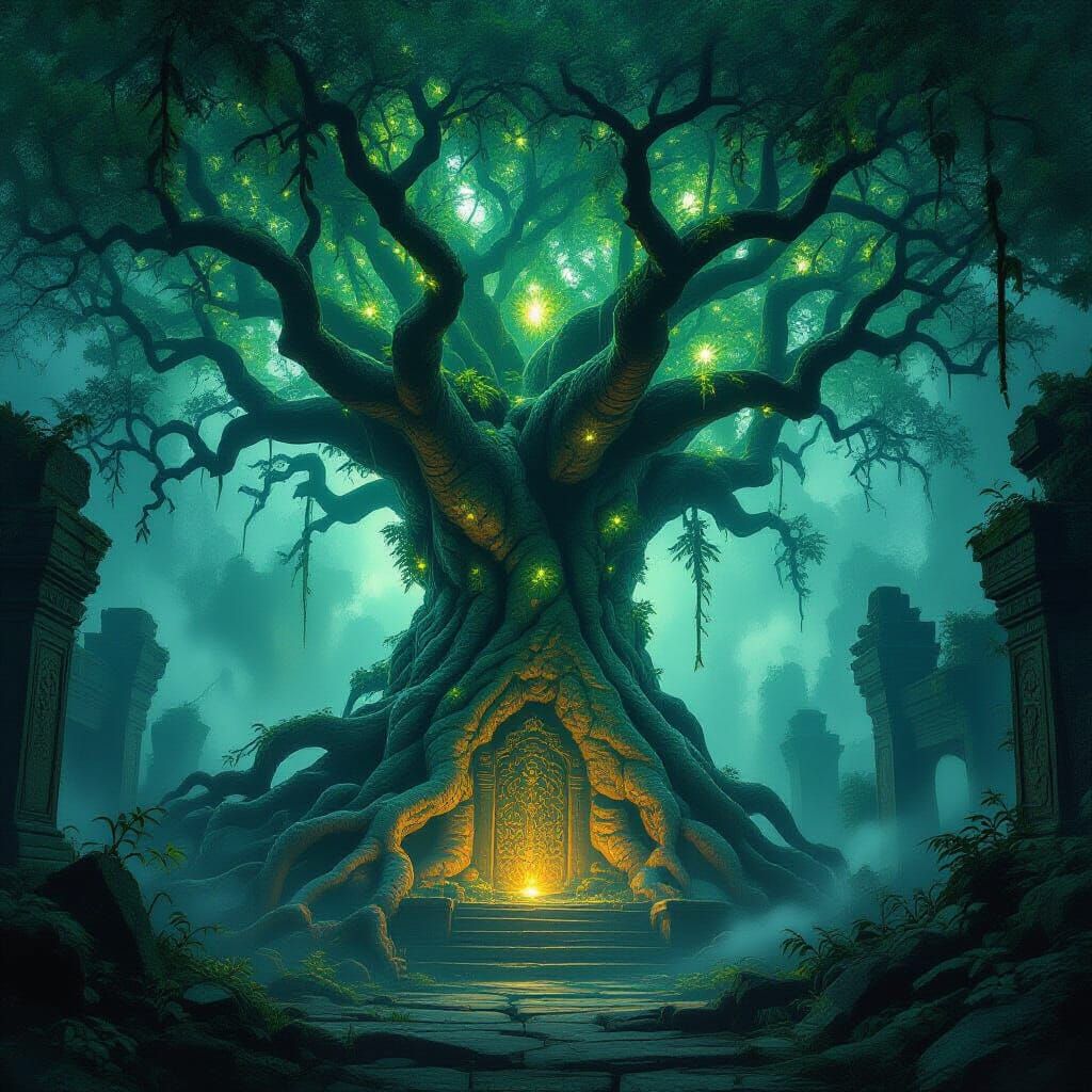 Ancient Bioluminescent Tree in Overgrown Temple