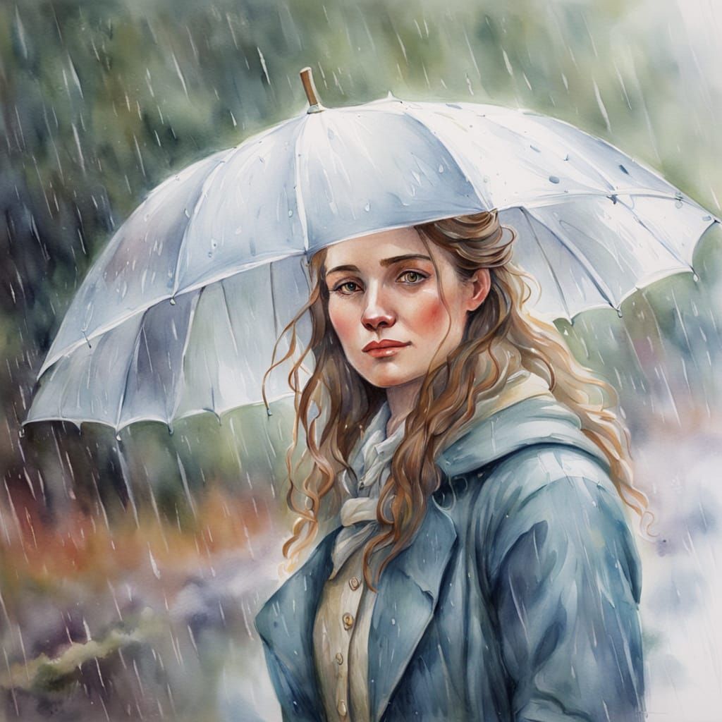 Girl Slipping in Rain: Watercolor Painting