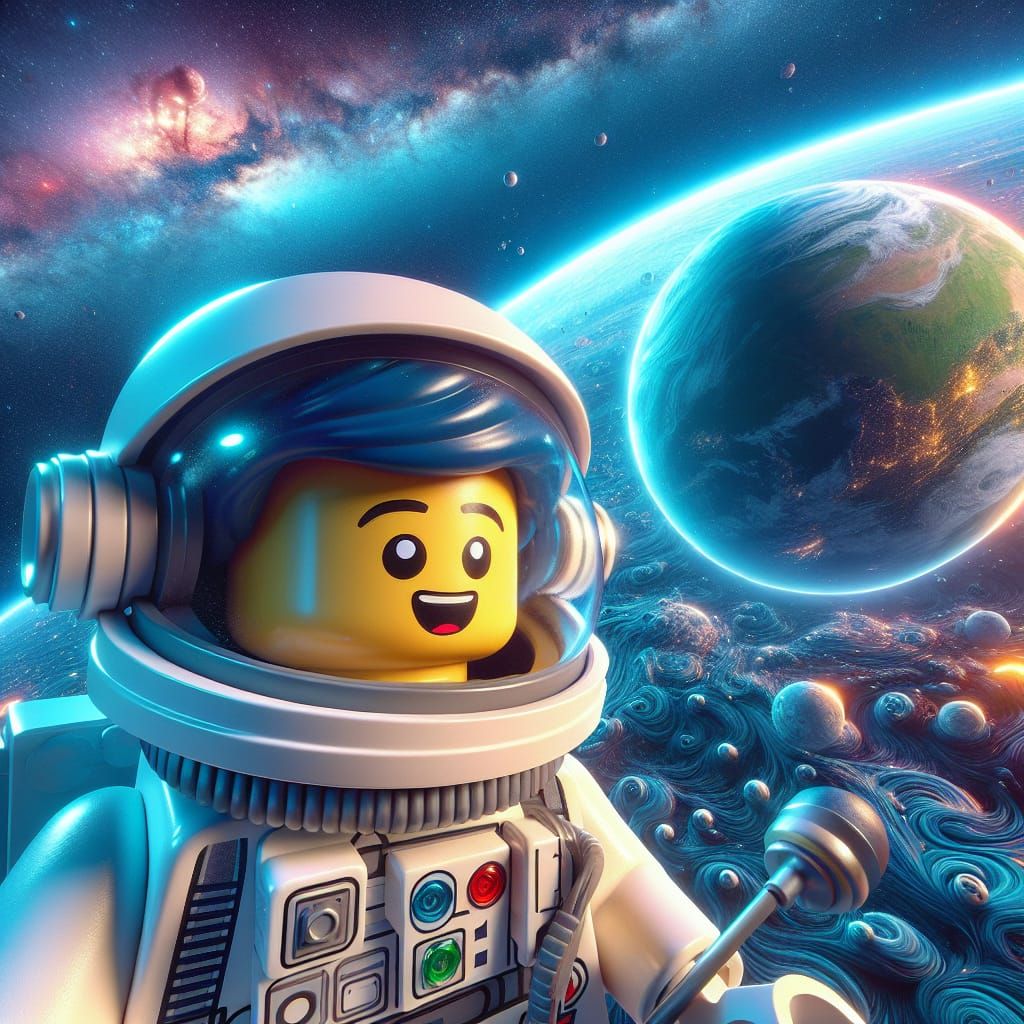 Imagine an adorable LEGO Astronaut figurine floating in space with planet EARTH in the background. The Lego figurine has...