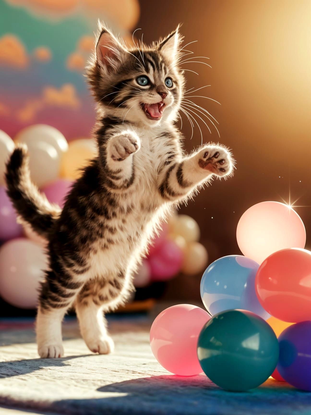 Happy Kitten Landing Gracefully on Colorful Balloons