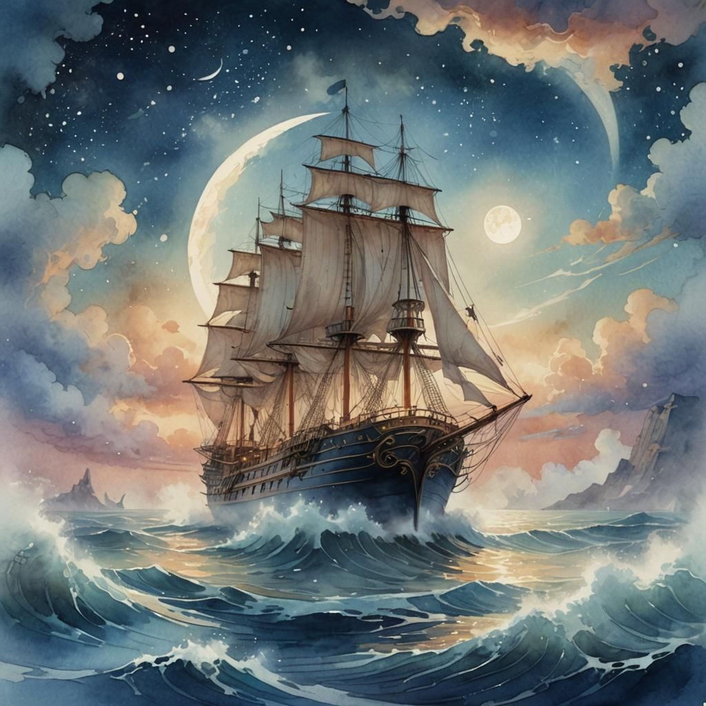 Majestic Ship in Misty Seascape: Art Nouveau Illustration