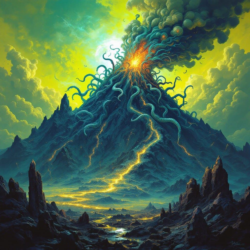 Twisted Volcanic Nightmare: Iridescent Tendrils in a Sickly ...