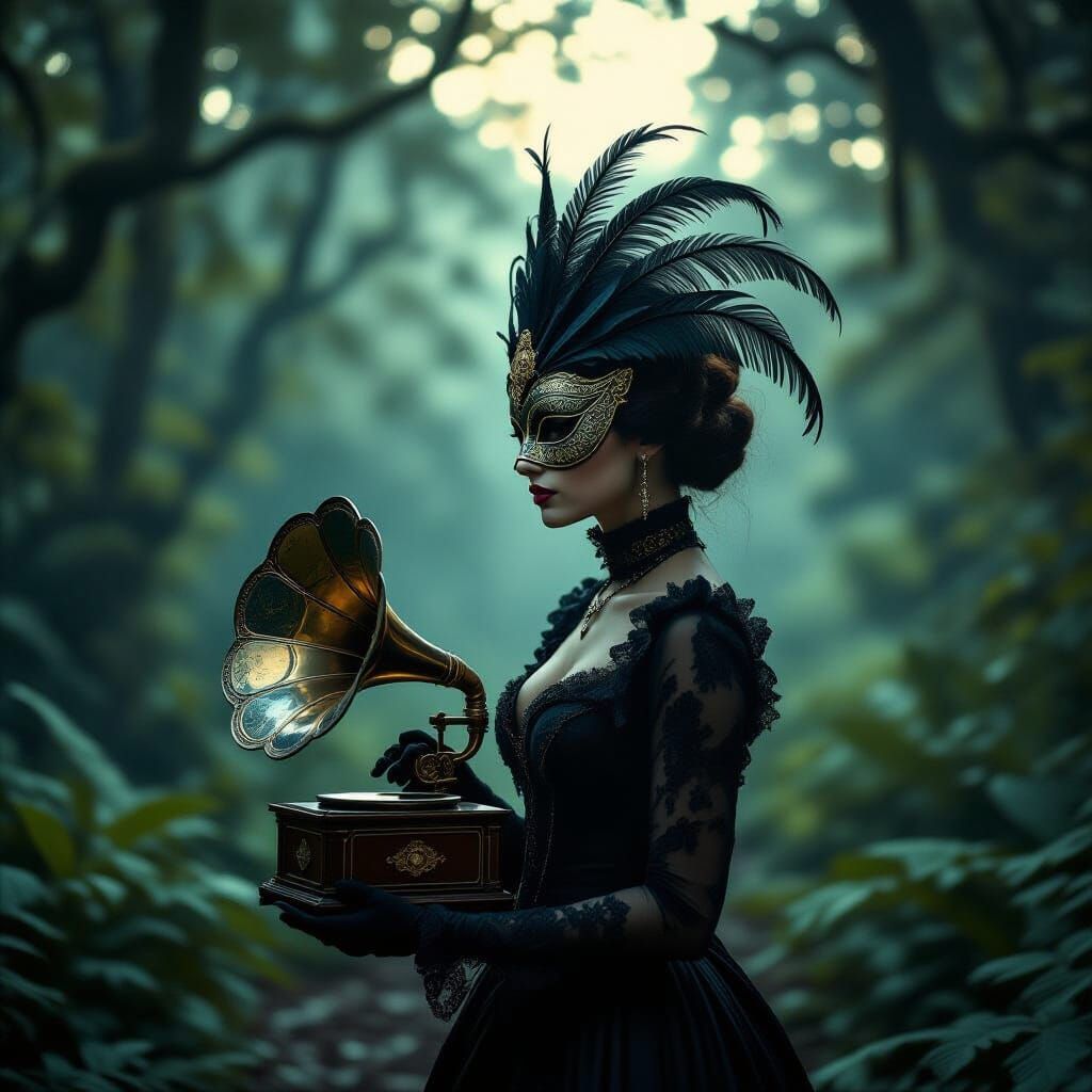 Woman in Feathered Mask in Twilight Forest with Gramophone