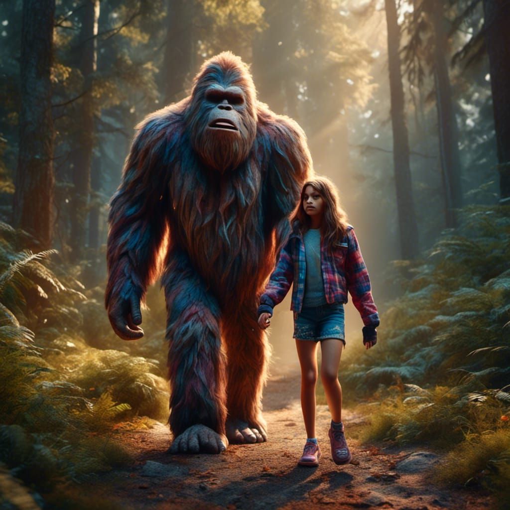 Girl and Bigfoot Walking: Hyperrealistic Digital Art