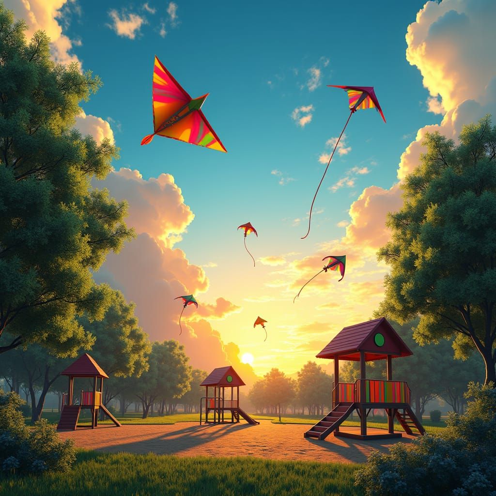 Brazilian Park at Sunset with Kites, Digital Matte Painting