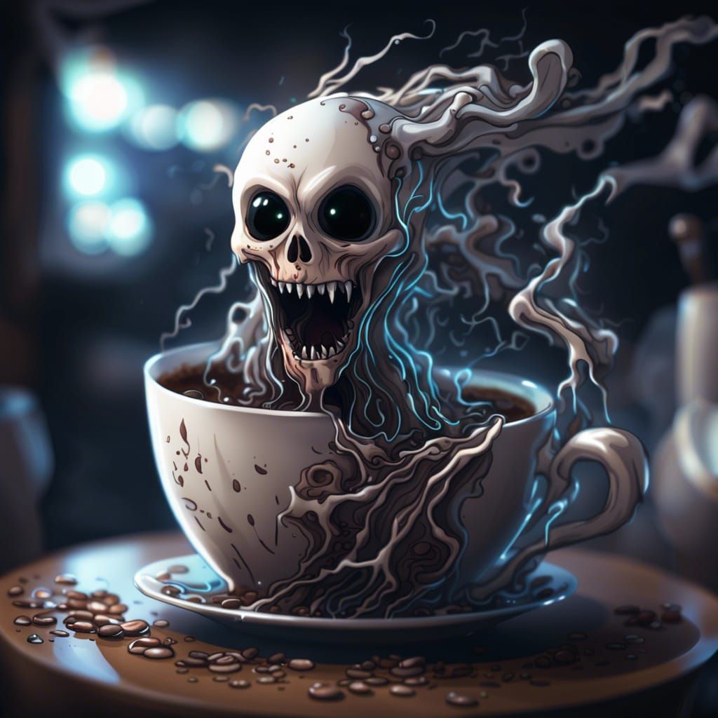 Spooky Ghost Emerges from Coffee Cup