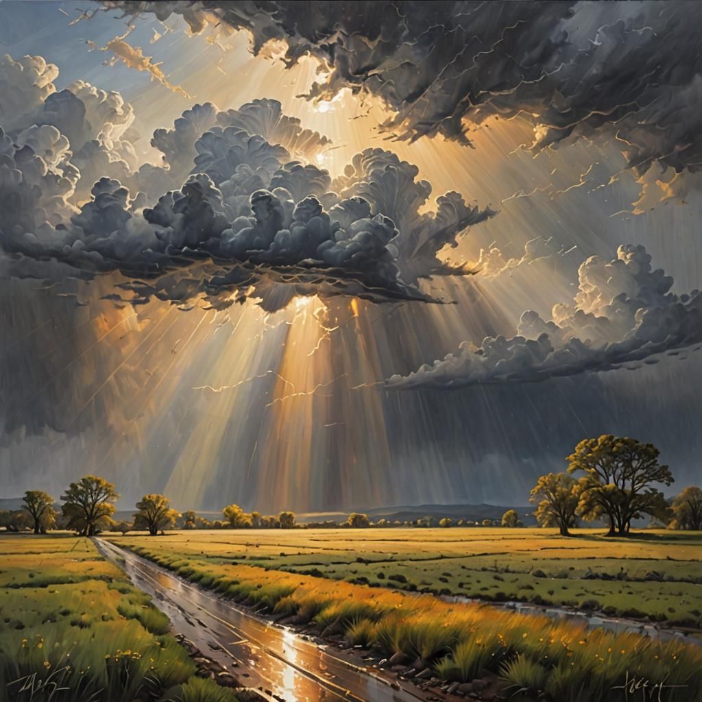 Sun Rays Through Rain: A Hyperdetailed Painting
