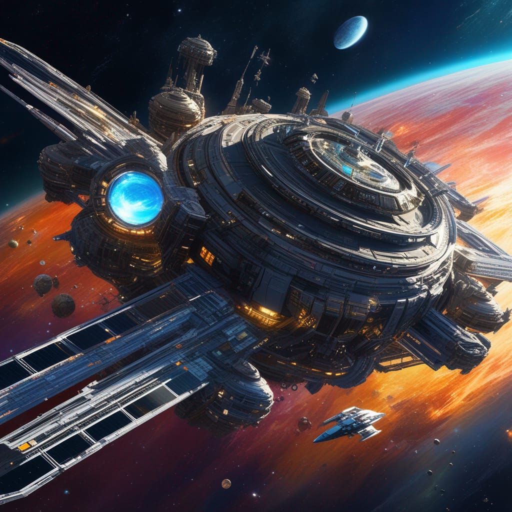 Hyperrealistic Space Station Orbiting Gas Giant