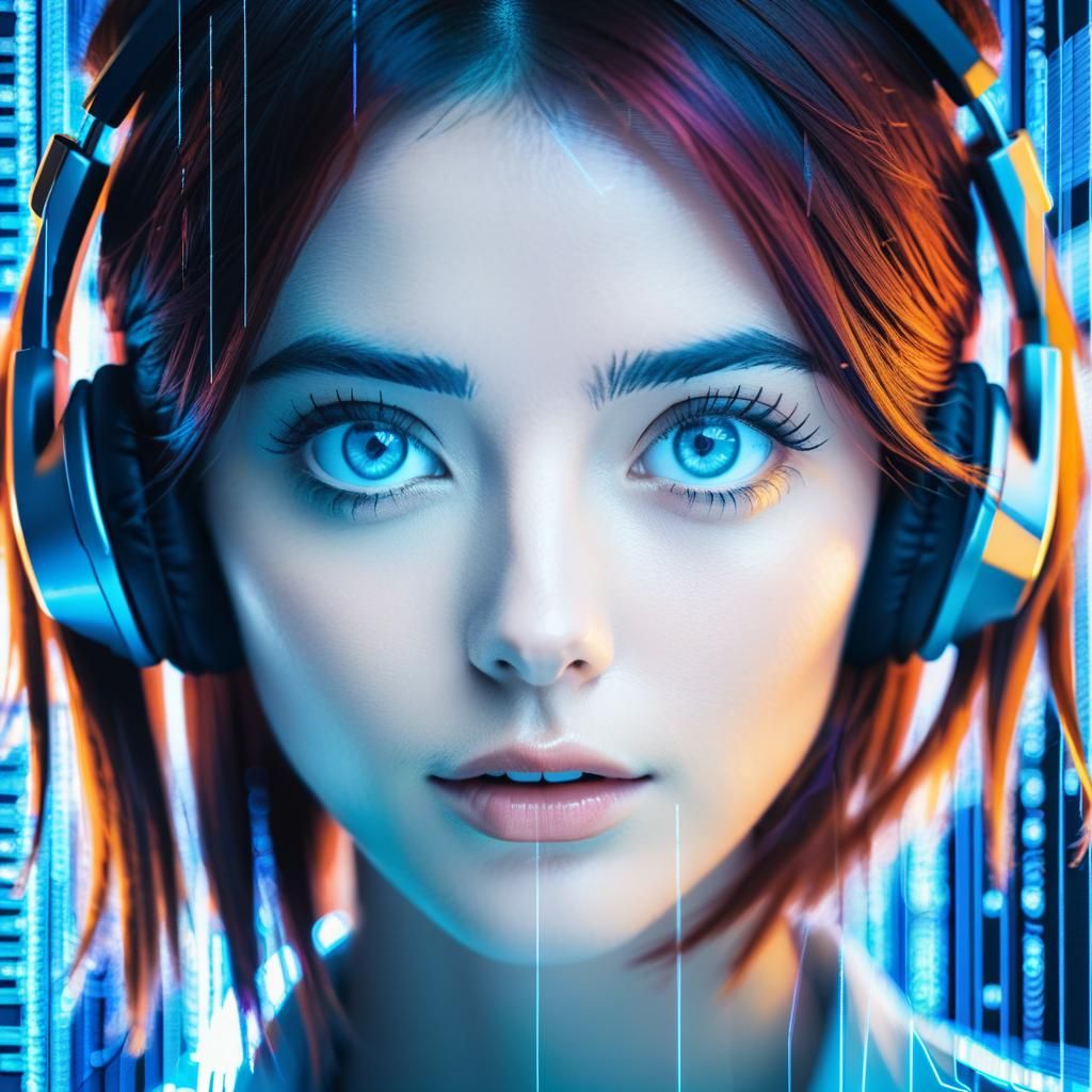 Cybernetic Double Exposure of Woman Coding