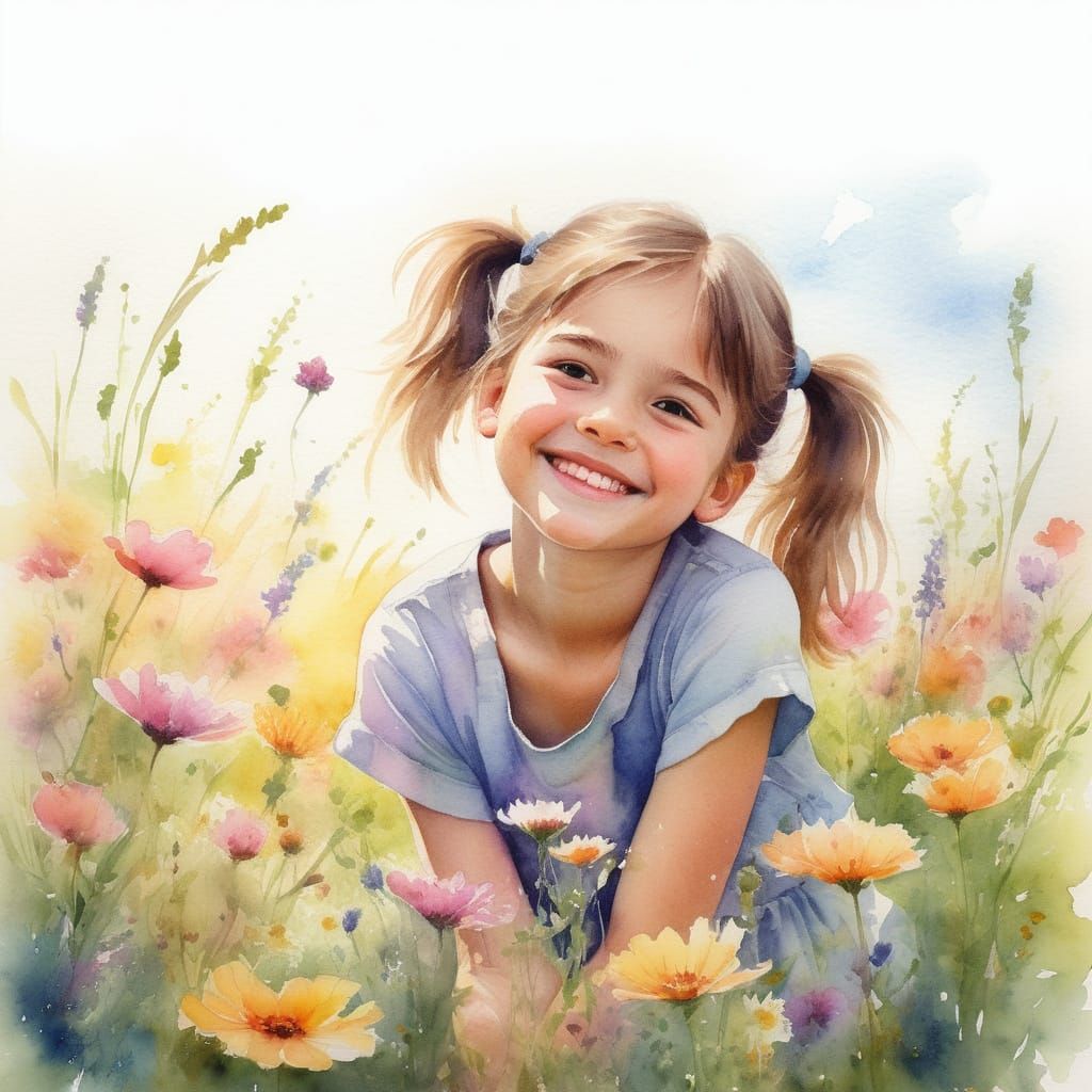 Idyllic Watercolor Scene of Happy Young Girl in Lush Meadow