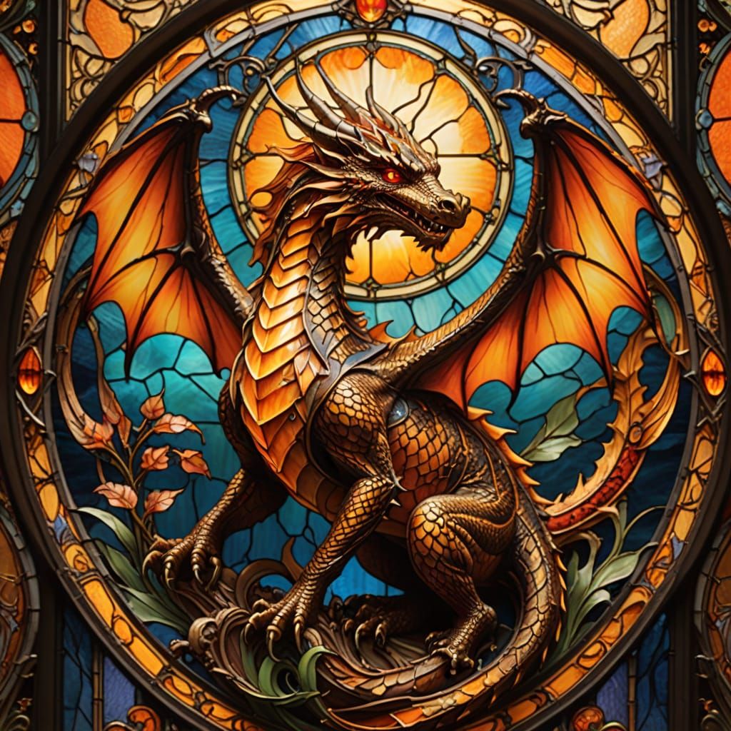 Art Nouveau Dragon Stained Glass Close-Up