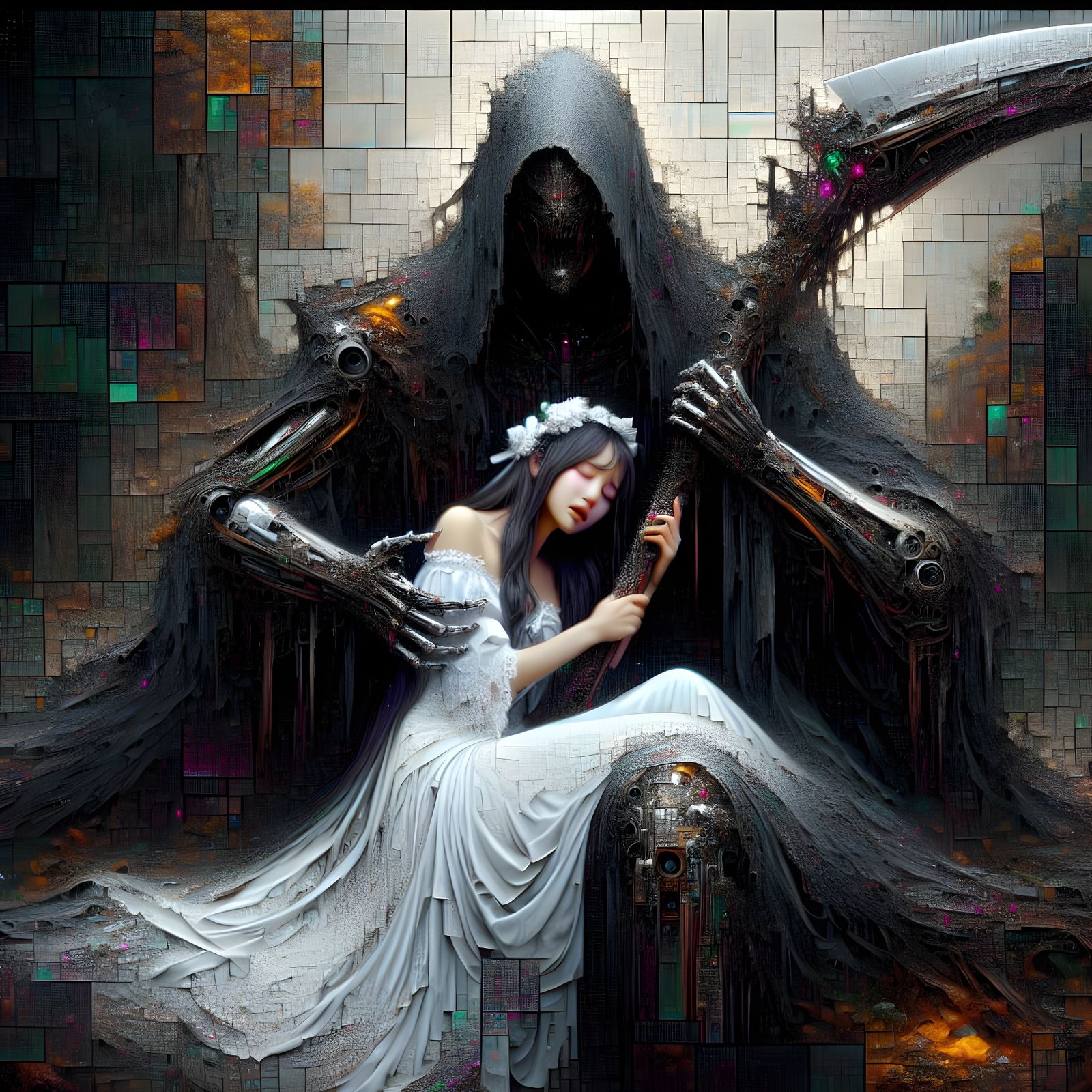 Ominous Figure Embraced in Dieselpunk-Cuberpunk Forest