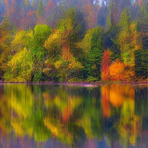 Misty Autumn Forest Scene with Pond