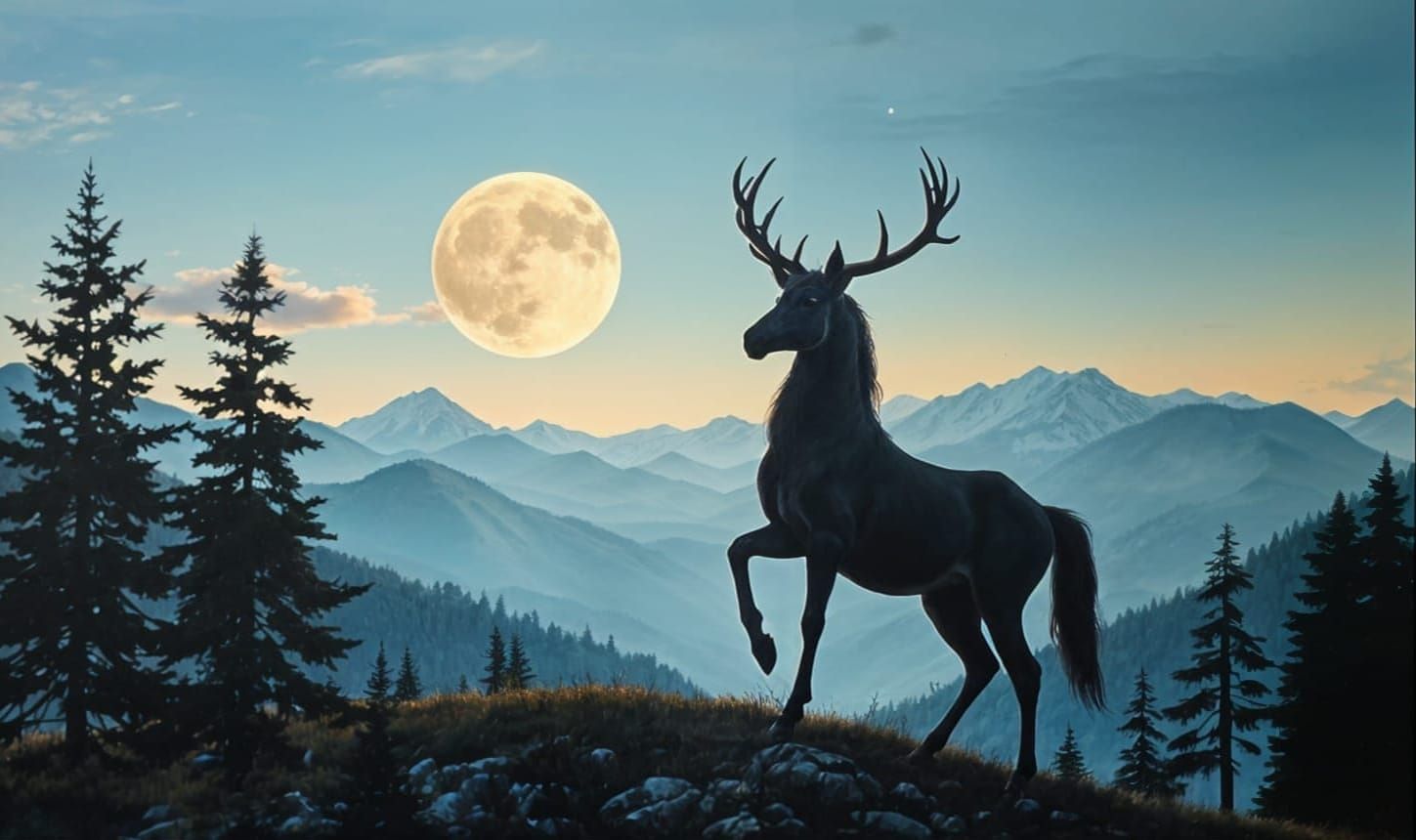 Unicorn Deer Silhouettes Under Moonlight in Oil Painting