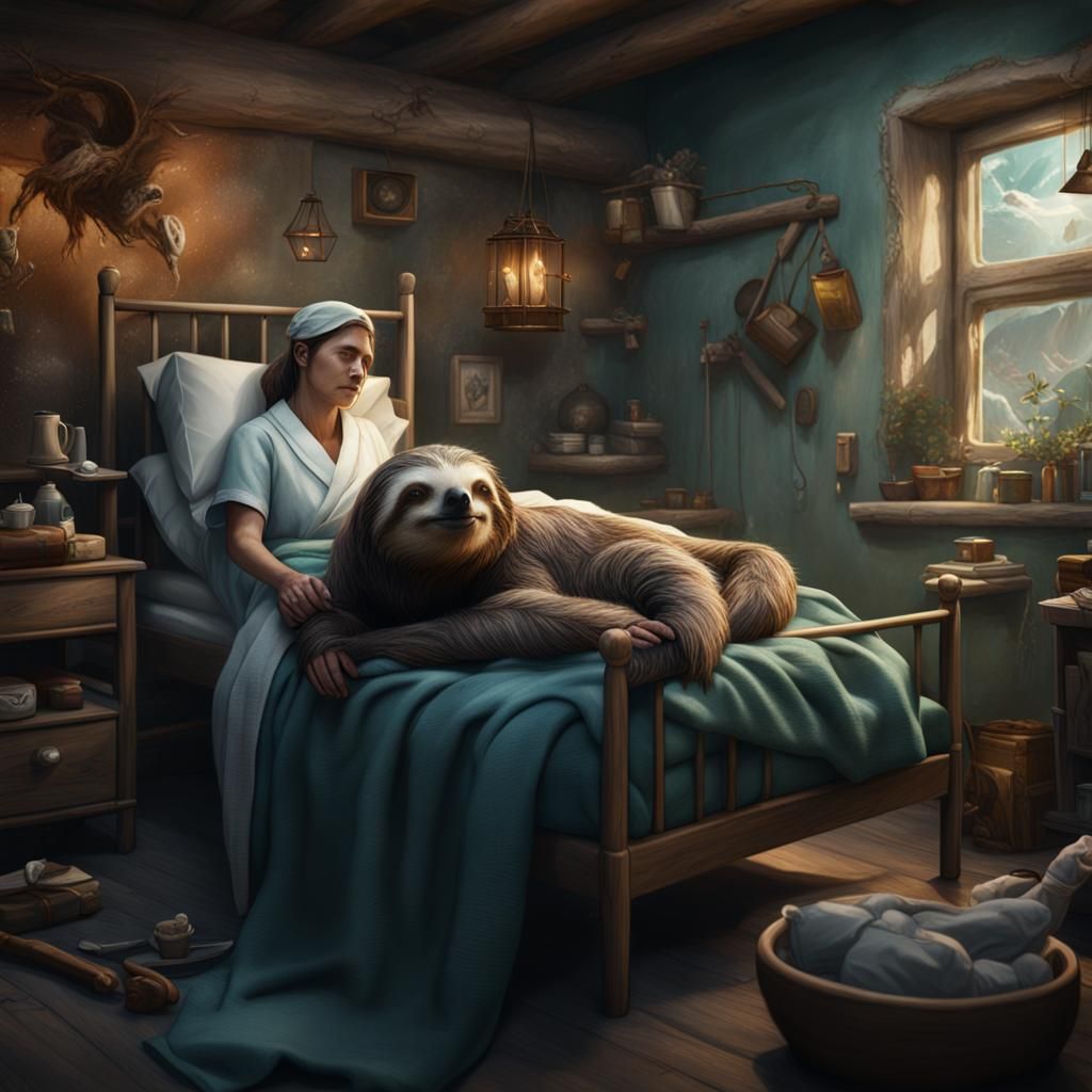 Sloth Attended by Midwife: Detailed Matte Painting