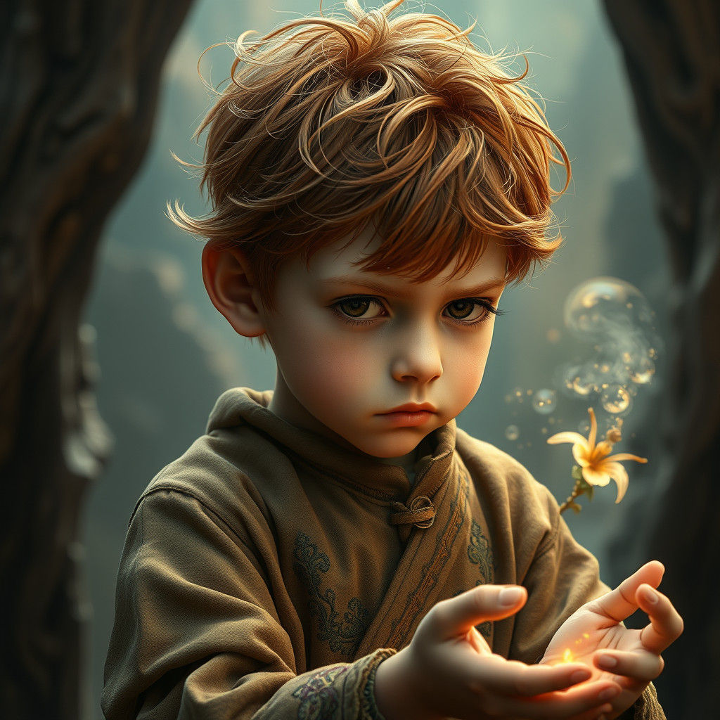 Boy Practicing Healing Magic in Fantasy Landscape