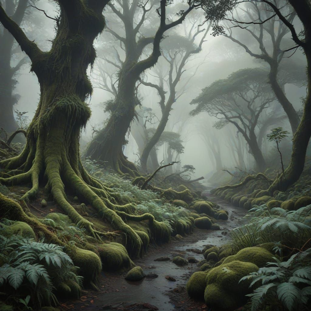 Mysterious Foggy Forest Path Digital Art