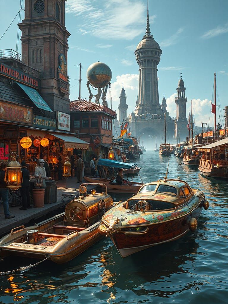 Steampunk Motorboats Dock at Extraterrestrial Waterfront