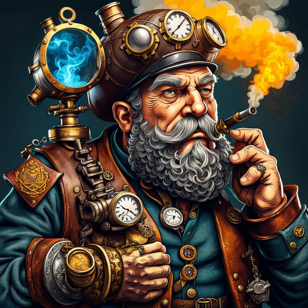 Steampunk Dwarf Engineer Smoking Pipe With Medals