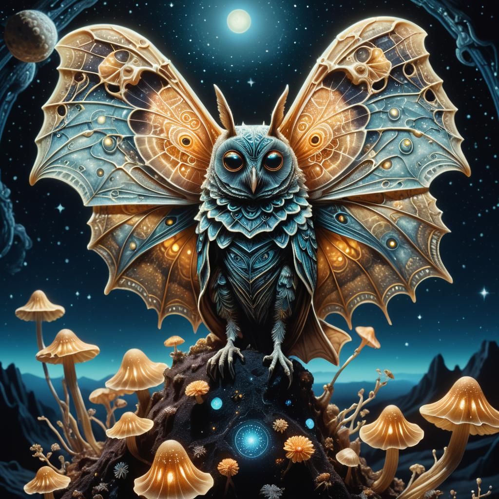 Moth-Bat-Owl Alien on Bioluminescent Mushroom