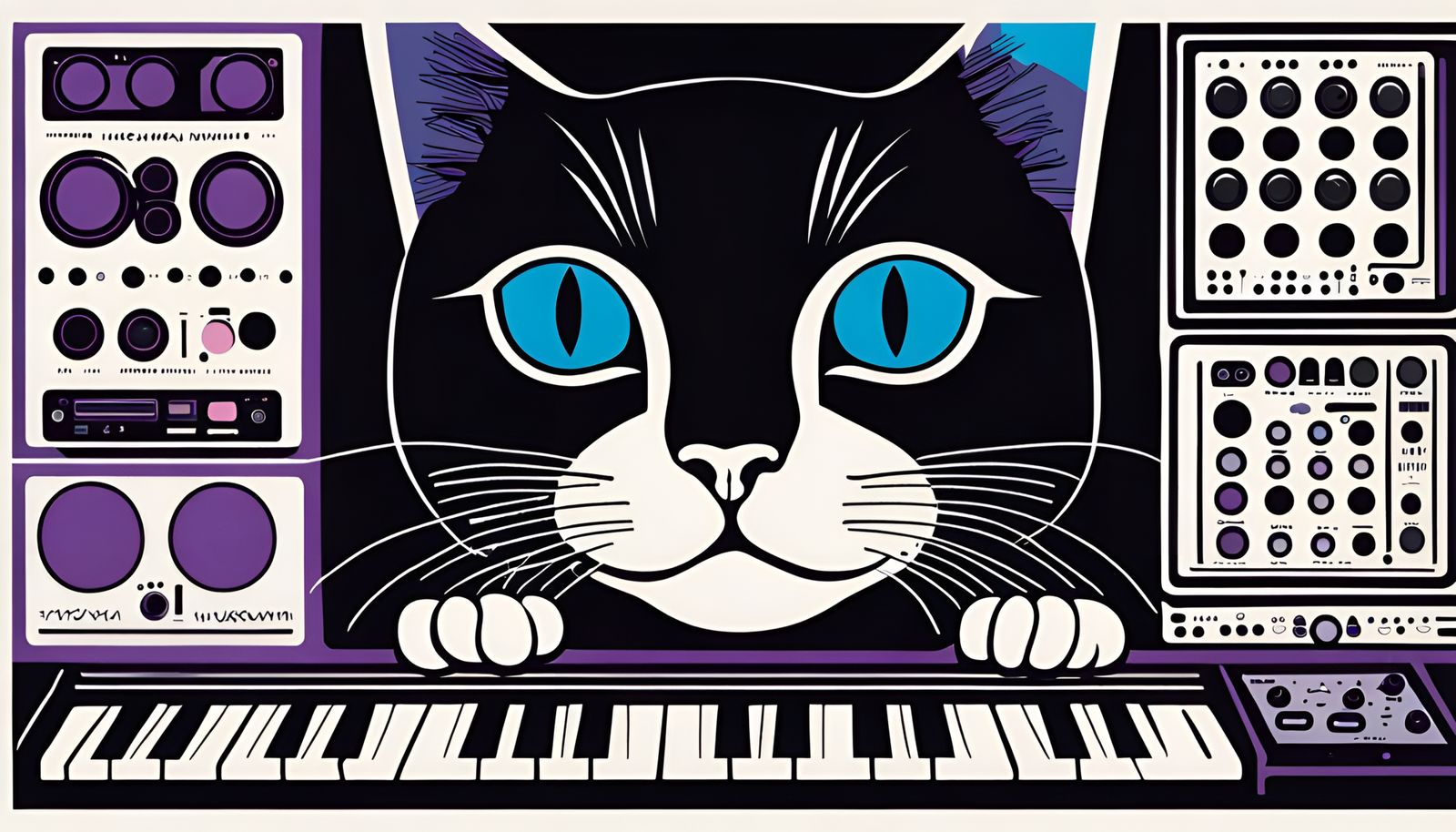 Psychedelic Cat Plays Synth in Retro Art Poster