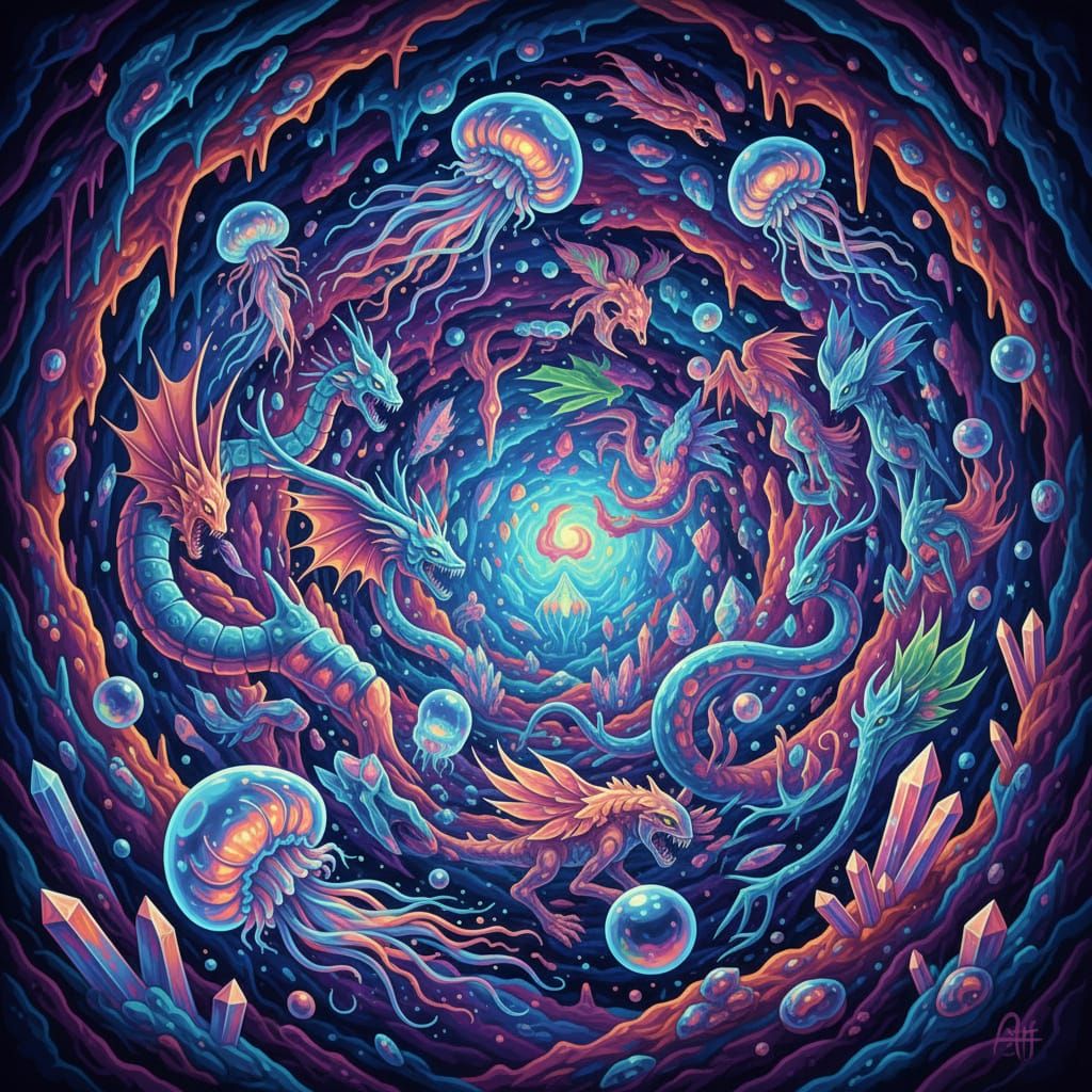 Bioluminescent Ethereal Swarm in Psychedelic Digital Art