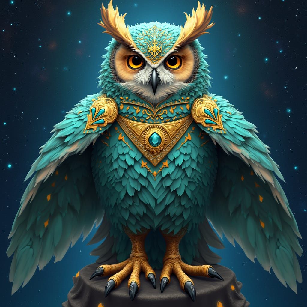 Regal Owl on Celestial Throne in Dreamy Art Style
